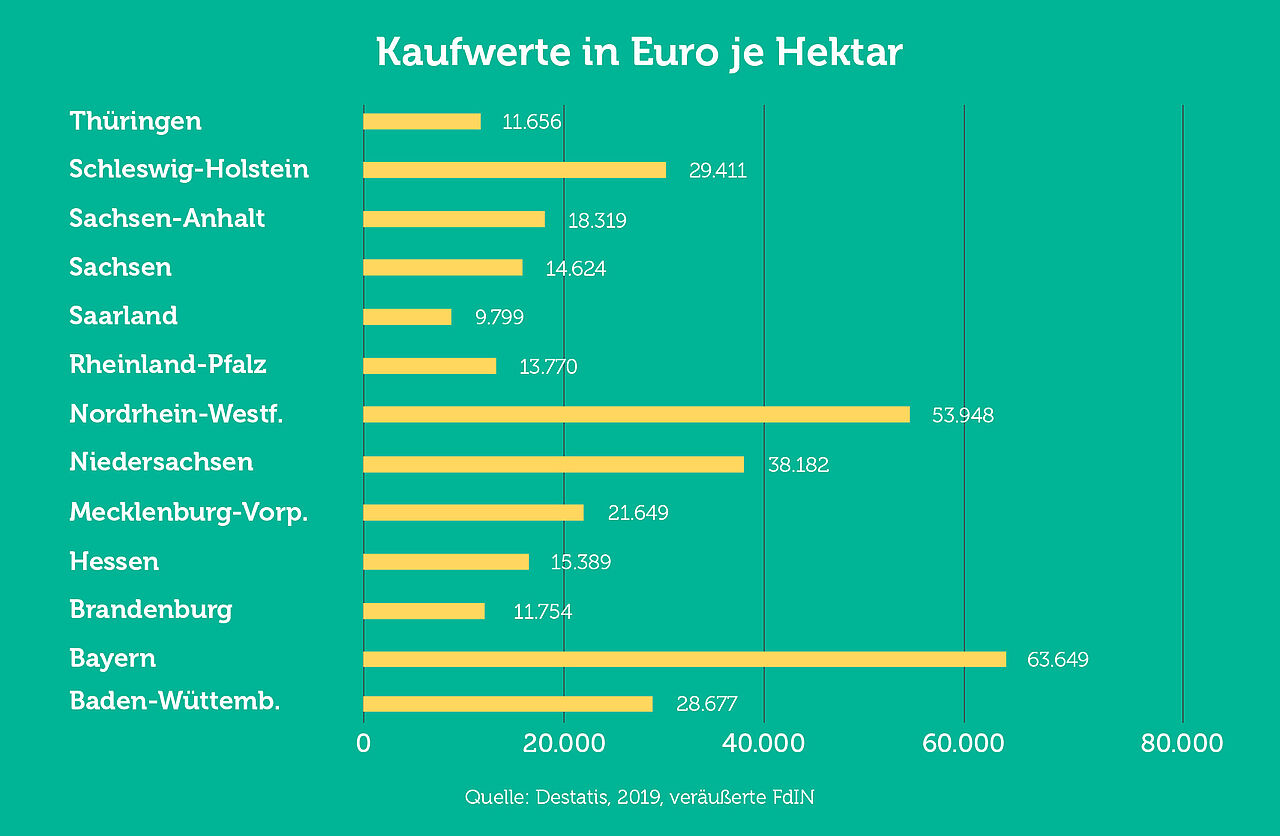 Kaufwerte in Euro je Hektar nach Bundesland